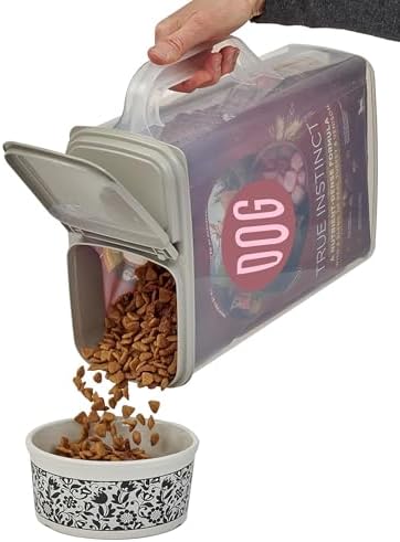 Buddeez Pet Food Storage Container - 8 Quart Capacity Dog / Cat Food & Bird Seed Container with Durable EZ Grip Handle, Flip Gray Lid (includes 1 Cup Clear Scoop)
