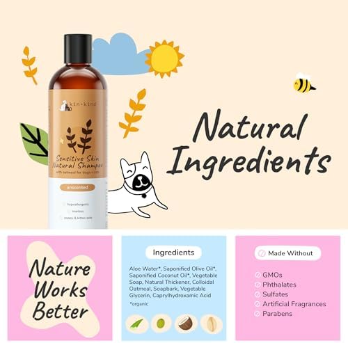kin+kind Sensitive Skin Natural Dog and Cat Shampoo - Gentle Oatmeal Clean - Fragrance Free - 12 fl oz