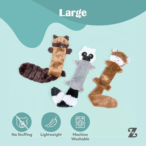 ZippyPaws Skinny Peltz No Stuffing Dog Toy Pack to Keep Them Busy - 18" | For Medium and Large Dogs, Squeaky Pet Toys, Unstuffed Chew Toys, Soft Plush Variety Pack, Chipmunk, Lemur, and Monkey