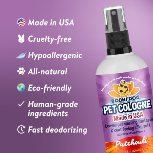 Bodhi Dog Premium Dog Cologne - Deodorizing Dog Perfume & Conditioner for Dogs & Cats - Natural Long Lasting Spray - Keeps Pets Fresh All Day - Gentle & Safe Formula, Made in USA (Patchouli 4 Fl Oz)