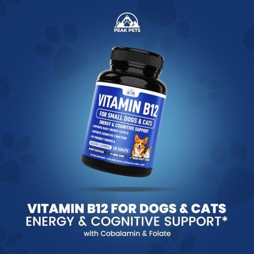 Vitamin B12 Supplement for Small Dogs & Cats with Cobalamin, Folate - Vitamin B12 Dogs and Cats Tablet Energy & Cognitive Support - 120 Chicken Flavored Chewable Tablets -Third Party Tested, Non GMO