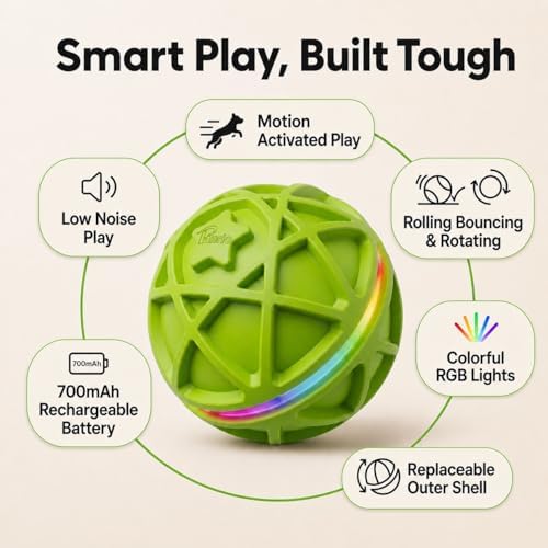 Interactive Dog Ball Toy,Motion-Activated,Rolling&Bouncing,RGB Light | 700mAh rechargeable battery, secure 4-turn thread, tough rubber shell, IPX7-rated outer shell, 5-minute play cycles,Green