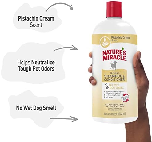 Nature's Miracle 2-in-1 Oatmeal Dog Shampoo & Conditioner, 32 oz | Odor Neutralizing Formula Leaves No Wet Dog Smell, Enriched with Aloe & Vitamin B, Soothes Pets Skin, Pistachio Cream Scent