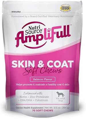 NutriSource AmpliFull Salmon Flavor Skin & Coat Soft Chews for Dogs, Daily Omega-3 Fatty Acids, Zinc & Biotin Supplement for Shiny Coat & Healthy Skin, 70 Chews (1 Pack)