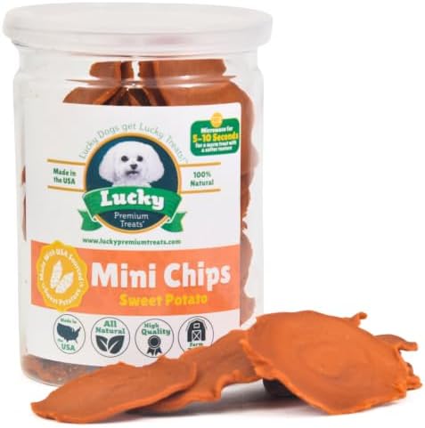 Lucky Premium Treats Sweet Potato Mini Chips Dog Treats – 100% Single Ingredient Sweet Potato Treats for Dogs, Made in USA, Crunchy Natural Dog Snacks, Bite-Sized Training Rewards for Dogs - 3 oz.