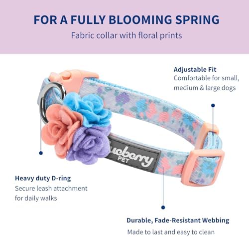 Blueberry Pet Dog Collar, Adjustable Floral Print Puppy Collar in Lavender with Removable Flower, Small 12"-16" Neck, Cute Girl Dog Accessories, Pink Dog Collars for Small Dogs, Safe Fit