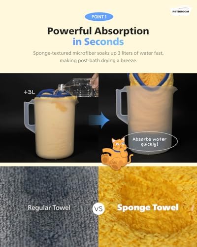 [PETHROOM] Pet Cleansing Kit, Quick Dry Zero Waterless Shampoo and Sponge Towel, Lightweight, Super Absorbent and Quick Drying Doggie Dryer Microfiber Towel