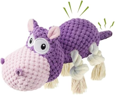 TOOPTATE Hippo Squeaky Dog Toy, Purple, Medium | Cute Plush Design, Rope Legs for Tugging, Helps Keep Dogs Busy, Suitable for Small, Medium, and Large Dogs