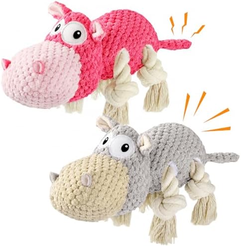 TOOPTATE 2-Pack Squeaky Hippo Dog Toys, Gray & Pink, Medium | Cute Plush Design, Rope Legs for Tugging, Helps Keep Dogs Busy, Suitable for Small, Medium, and Large Dogs