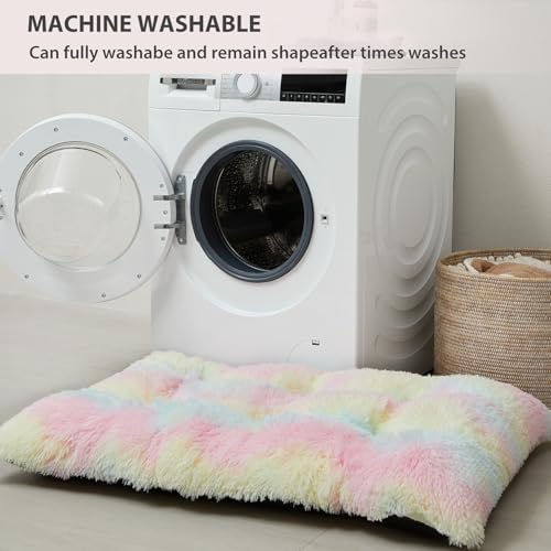 BFPETHOME Dog beds for Large Dogs, Plush Crate Bed with Fluffy Cozy Kennel pad, Washable Mats with Anti-Slip Bottom for Large Dogs, 41"x27", Rainbow