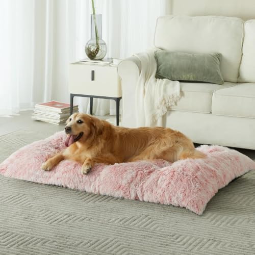 BFPETHOME Dog Bed for Large Dogs, Plush Kennel Pad for Sleeping &Ease Anxiety, Washable Mats with Anti-Slip Bottom - 53 x 36 inch Pink