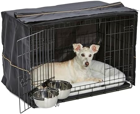 MidWest Homes for Pets Double Door iCrate Starter Kit, 30-inch Dog Crate Bundle for Medium Breeds, Includes Cage, Pet Bed, 2 Bowls and Privacy Cover