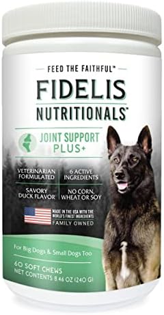 FIDELIS Joint Support Plus+ Hip & Joint Supplement for Dogs, Glucosamine for Dogs, Chondroitin Dog Treats, Vitamin C, Omega Fatty Acid, MSM, Adult, Big & Small, Made in USA, Duck Flavor, 60 Soft Chews
