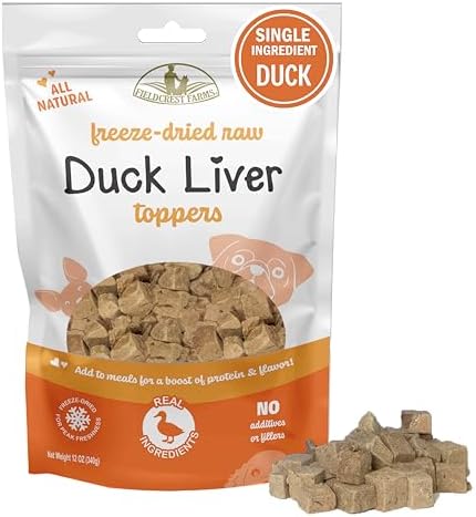 Fieldcrest Farms Freeze-Dried Duck Liver Dog Food Topper or Treat, 100% Single Ingredient Duck Liver, High-Protein, Raw & Grain-Free, 12 oz