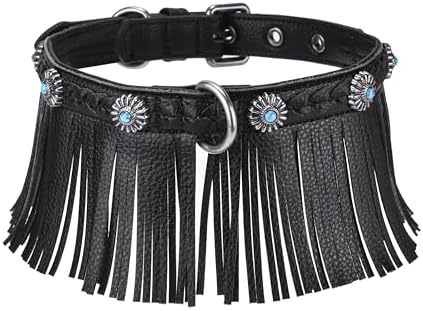 Blueberry Pet Western Fringe Black Microfiber Textured Leather Collar with Turquoise Conchos