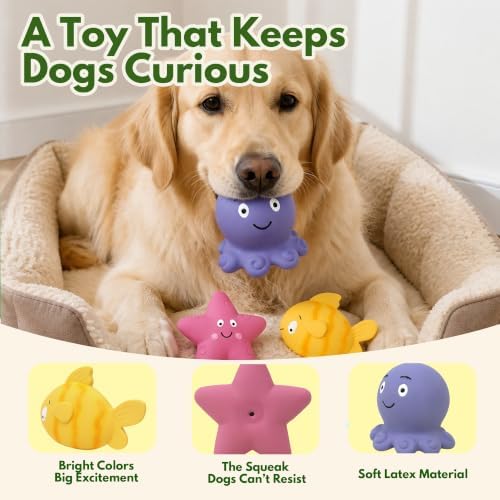 Squeaky Sea Creature Latex Dog Toys, 3 in 1 Set Soft Fish Octopus Starfish Chew Toys for Small Medium Dogs, Cute Puppy Toys Gift, Interactive Pet Toys for Enrichment Teething Relief & Boredom Buster