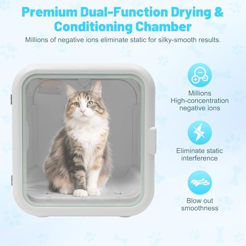 62L Pet Dryer Box for Cats and Small Dogs 【Fastest 15-Minute Drying】, 35dB Ultra Quiet Automatic Cat Dryer Box, 360° Full Body Drying, Removable Base, with Light and Skylights