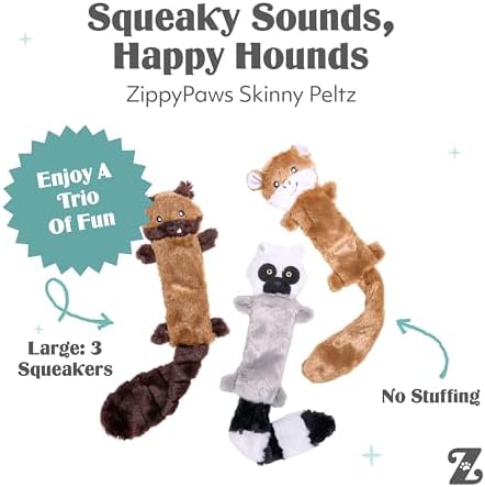 ZippyPaws Skinny Peltz No Stuffing Dog Toy Pack to Keep Them Busy - 18" | For Medium and Large Dogs, Squeaky Pet Toys, Unstuffed Chew Toys, Soft Plush Variety Pack, Chipmunk, Lemur, and Monkey