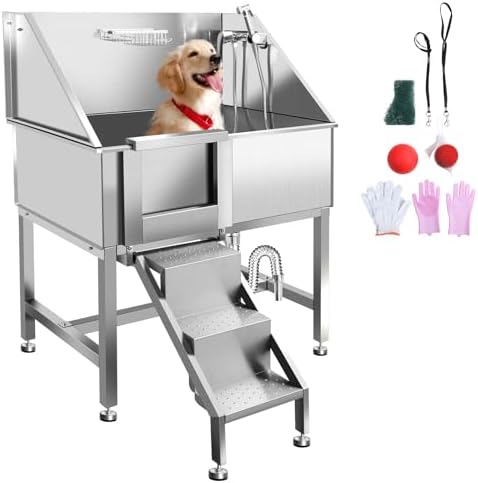 38" Pet Dog Bathing Station W/Stairs, Professional Stainless Steel Dog Grooming Tub W/Soap Box, Faucet,Rich Accessory, Dog Bathtub for Large,Medium,Small Pets, Washing Sink for Home,Left Door