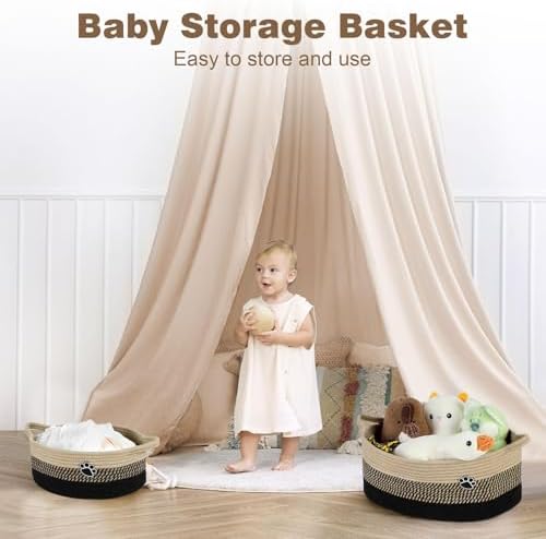 Optish Dog Toy Basket, 30L Toy Box and Bin for Dog Cat Storage, 19.7" X 11" X 7.9" Large Woven Rope Basket for Blanket Storage, Living Room, Bedroom, Black & Brown