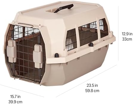 Amazon Basics Hard-Sided Dog and Cat Kennel, Single-Door Travel Pet Carrier with Metal Wire Ventilation, 23.6"L x 15.7"W x 13"H, Beige