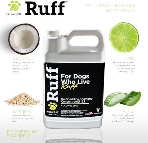 Ruff by Lillian Ruff 15:1 Concentrated Deshedding Dog Shampoo –Professional Extra-Strength Shedding & Odor Control – Aloe, Coconut Oil & Vitamin E – Puppy Safe, USA Made - Coconut Lime – Gallon