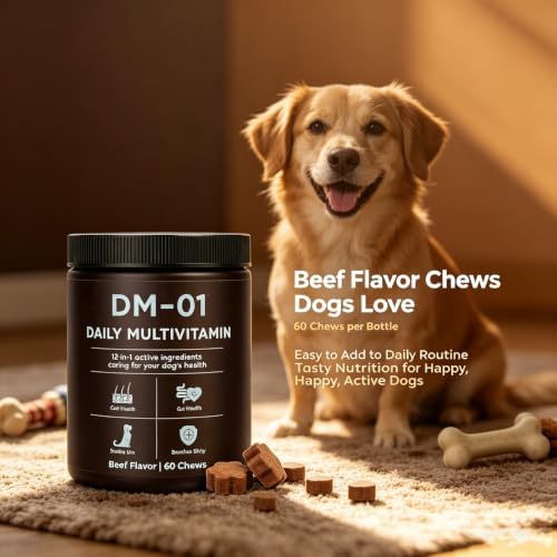 DM-01 Daily Multivitamin for Dogs, 12-in-1 Ingredientscaring for Your Dog's Health, Probiotics, Chondroitin & Vitamins, Skin & Coat, Gut, Hip Support, Beef Flavor, 60 Chews