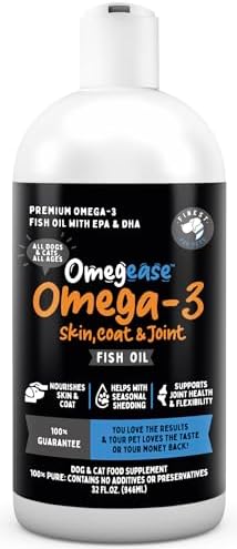 100% Pure Fish Oil for Dogs & Cats (1,545mg Omega 3 per Teaspoon) 32oz. Loaded with EPA & DHA for Joints, Skin & Coat, Itching, Heart & Immune Health. Stronger Than Salmon Oil. Unflavored Omegease.