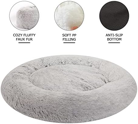 Bedfolks Calming Fluffy Donut Dog Bed for Small Dogs,Light Grey, 23" Round