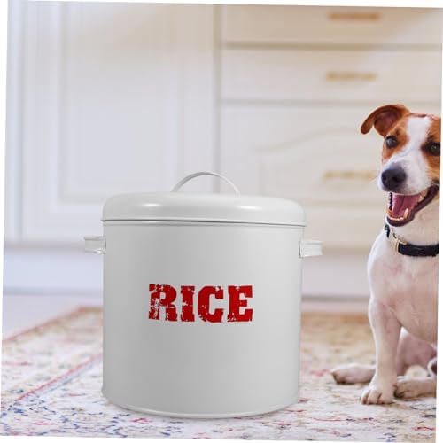 POPETPOP 1pc Iron Sheet Pet Food Storage Bucket with Measuring Cup Airtight Container for Dog and Cat Food Large Capacity Design for Storage White