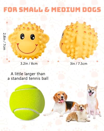 SCHITEC Squeaky Dog Toys, Latex Spiky Animal Balls for Small Medium Dogs | 2 Pack Squeak Dog Toy, Soft Rubber ball, 3” Medium Size, Built-in Squeaker, Teeth Cleaning, Interactive Fetch