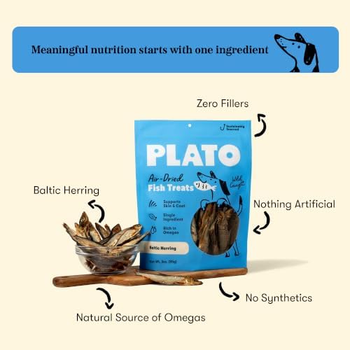 Plato Single Ingredient Wild-Caught Baltic Herring Dog Treats, Air-Dried Whole Fish, Omega-Rich Skin & Coat Support, 3 oz