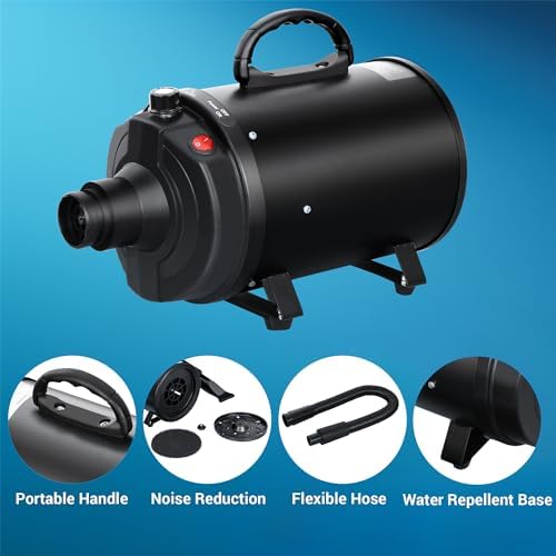 High Velocity Dog Hair Dryer, Groomer Partner Pet Hair Force Dryer, Professional Dog Grooming Blower with Heater, 3.2HP/2400W Adjustable Speed 4 Nozzles, Black