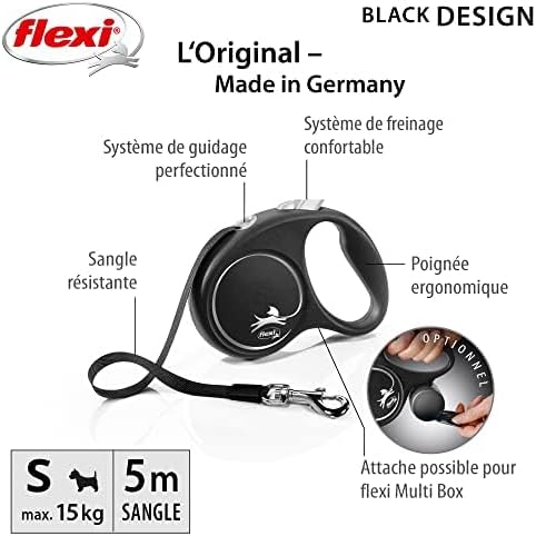 Flexi Black Design Tape Black Small 5m Retractable Dog Leash/Lead for Dogs up to 15kgs/33lbs