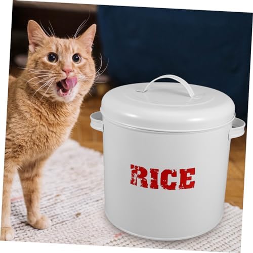 POPETPOP 1pc Iron Sheet Pet Food Storage Bucket with Measuring Cup Airtight Container for Dog and Cat Food Large Capacity Design for Storage White