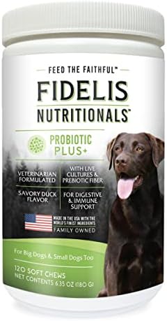 FIDELIS Probiotic Plus+ Pet Probiotics for Dogs, Digestive Gut Health, Yeast, Itchy Skin/Ears, Paw Licking, Safe Dog Treat Supplement for Pets, Adult, Big & Small, Made in USA, Duck Flavor, 120 Chews