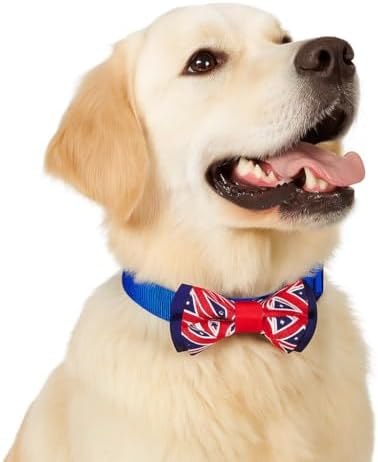 Blueberry Pet 2 Patterns Patriotic Spirits UK Flag Adjustable Bowtie Blue Dog Collar - Handmade Bow Tie w/Jacquard Weave Fabric, Medium, Neck 14.5"-20"