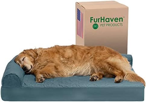 Furhaven Cooling Gel Dog Bed for Large Dogs w/ Removable Bolsters & Washable Cover, For Dogs Up to 95 lbs - Pinsonic Quilted Paw L Shaped Chaise - Bluestone, Jumbo/XL