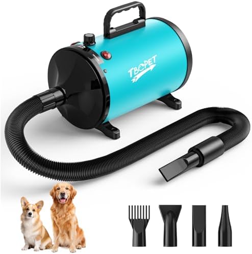 Dog Dryer High Velocity Dog Hair Dryer 5.2HP/3800W, Stepless Adjustable Speed Temperature Dogs Grooming Blow Dryer, Pet Dryer with 4 Nozzles,Blow Dryer for Dogs, Blue