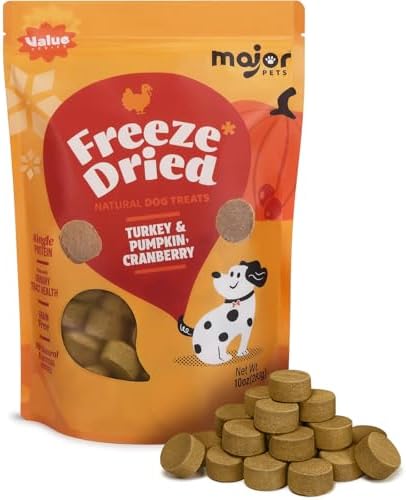 MAJOR PETS Freeze Dried Turkey Dog Treats with Pumpkin & Cranberry, Limited Ingredient High Protein Snacks for Digestive & Urinary Health, Grain Free, Training Reward & Meal Topper, Made in USA, 10oz