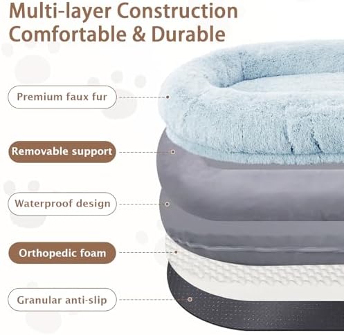 ROOMTEC Human Dog Bed, 71''x45''x12'' Size Fits Adult and Pet Washable Giant People Bed 10 CM Thick Memory Foam Large Oversize Pet Bed with Plump Pillow, Blanket, Strap - Blue