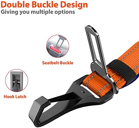 IOKHEIRA Dog Seatbelt - Orange, Adjustable Reflective Bungee, Aluminum Swivel Carabiner