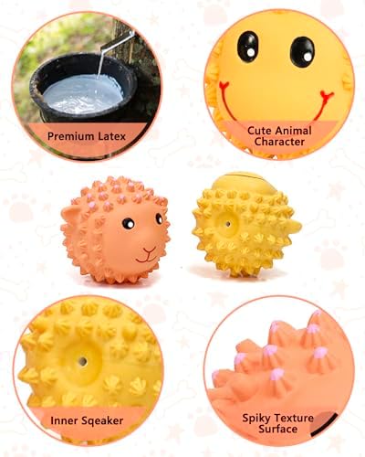 SCHITEC Squeaky Dog Toys, Latex Spiky Animal Balls for Small Medium Dogs | 2 Pack Squeak Dog Toy, Soft Rubber ball, 3” Medium Size, Built-in Squeaker, Teeth Cleaning, Interactive Fetch