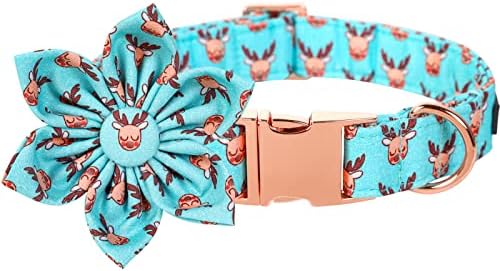 Lionet Paws Christmas Dog Collar with Flower, Dog Flower Collar with Metal Buckle for Dogs, Adjustable Comfortable Dog Collar Girl Gift, M, Neck 13.5-22 in