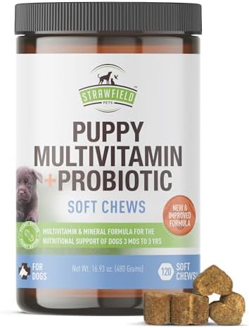 Strawfield Pets Puppy Multivitamin + Probiotics for Dogs Puppy Vitamins with Joint Support Supplement for Dogs & Puppies Peanut Butter Flavor 120 Crumbly Soft Chews