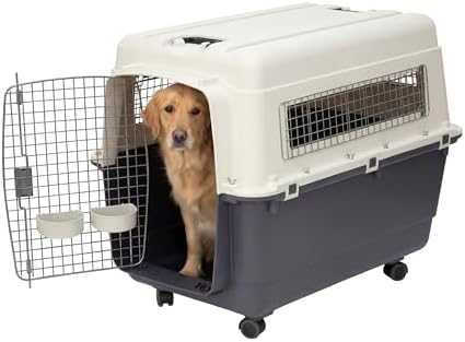SportPet Airline Compliant X-LARGE 32.25" Travel Dog Kennel-Durable Plastic Airline Pet Carrier w/Removable Wheels & Food Bowls, Collapsible Indoor/Outdoor Dog Kennel, Dog up to 32"L & 23"H-Cream/Gray
