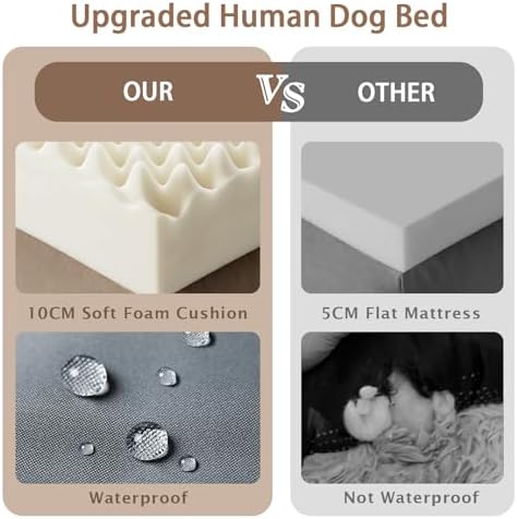 ROOMTEC Human Dog Bed, 71''x45''x12'' Size Fits Adult and Pet Washable Giant People Bed 10 CM Thick Memory Foam Large Oversize Pet Bed with Plump Pillow, Blanket, Strap - Khaki