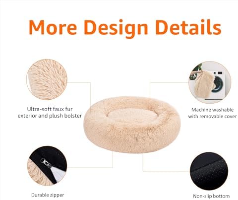 Amazon Basics Washable Donut Pet Bolster Faux Fur Bed with Removable Cover, Anti-Slip Bottom for Dog, Beige, 36" x 36"