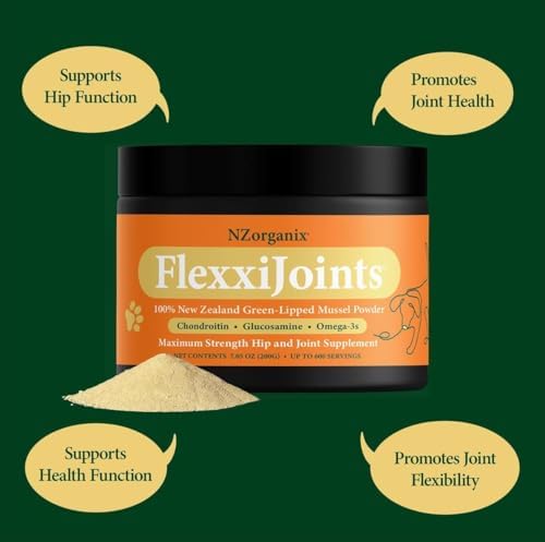NZorganix FlexxiJoints 100% New Zealand Green-Lipped Mussel Powder, Hip & Joint Support Formula for Dogs & Cats, with Glucosamine, Chondroitin 100g (300 Servings)