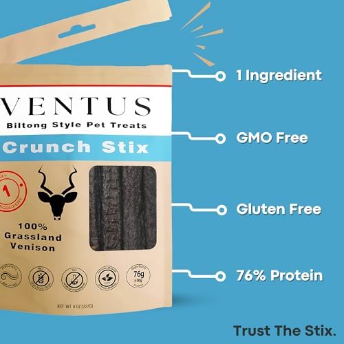VENTUS Jerky Crunch Stix - Single Ingredient High Protein Dog Training Treats, Wild Venison, Air-Dried, Grain Free Training Treats for Dogs, 8 oz